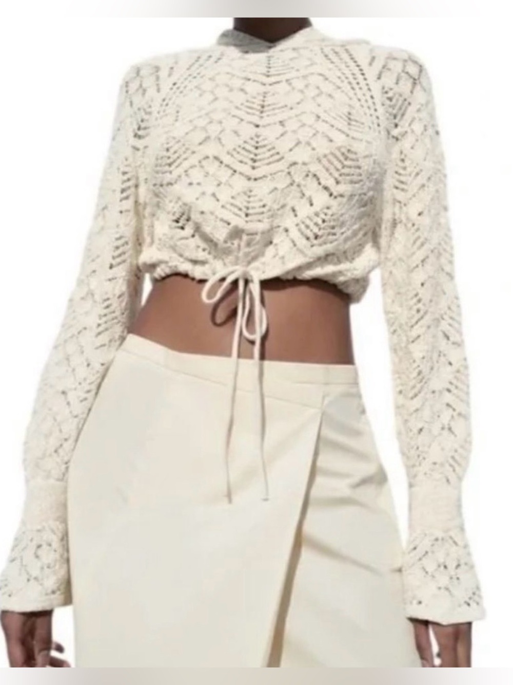 Zara women’s Cream Crochet Drawstring Hooded Sweater, Small. NWOT